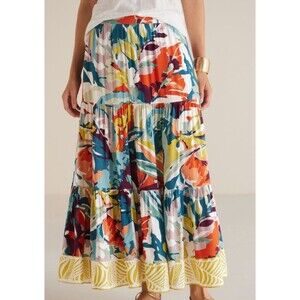 Soft Surroundings Women's Kara Maxi Skirt Tiered Tropical Floral Coastal Medium